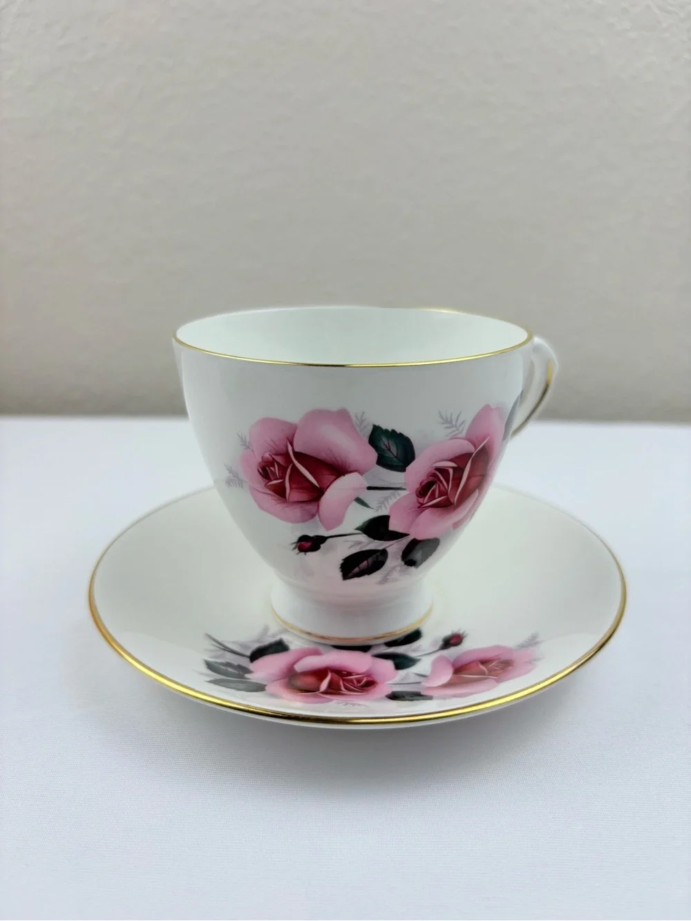 Vintage Royal Dover China Fine Bone China Teacup & Saucer with Pink Rose Design